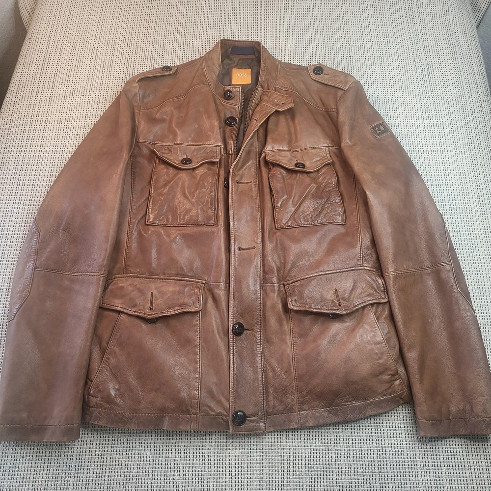 Hugo Boss Jacket Mens 42 Regular Brown Leather Joaco Military Pockets‎ Zip Lined